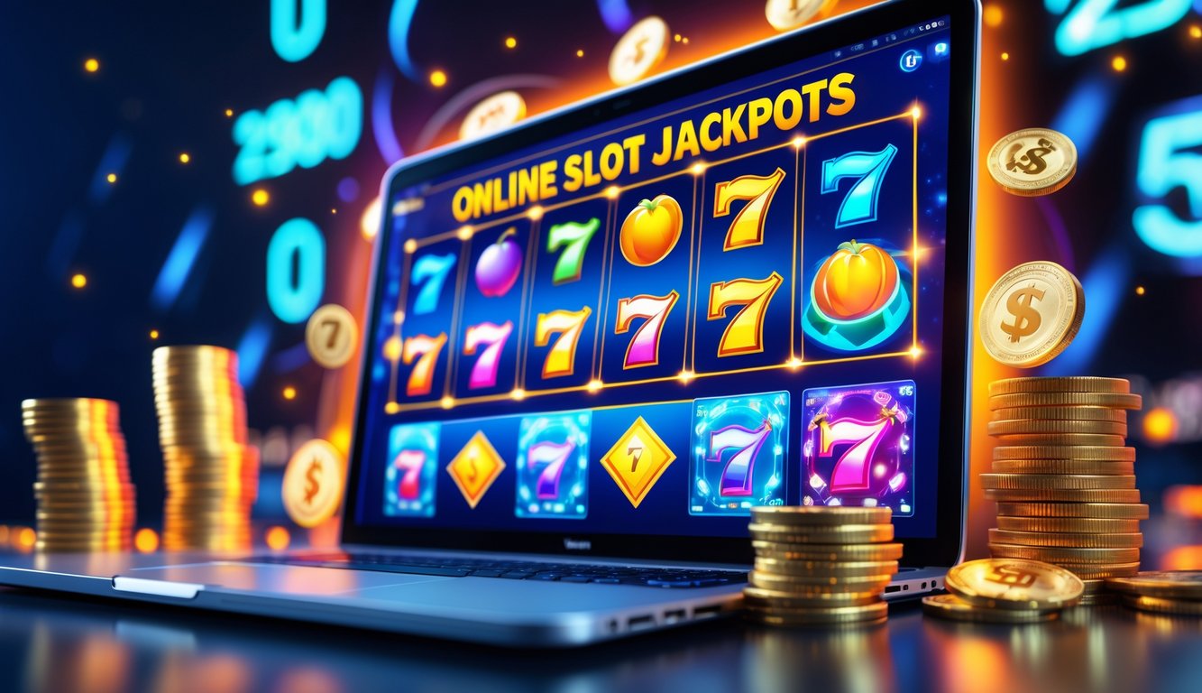 Layar komputer menampilkan permainan slot online dengan simbol warna-warni dan koin emas di sekitarnya.
