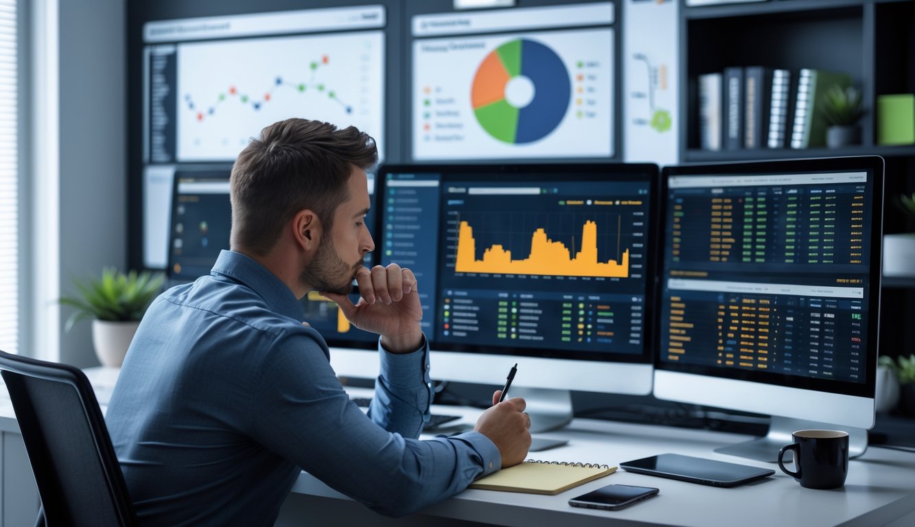 Seorang pria fokus duduk di meja dengan beberapa layar komputer menampilkan grafik dan statistik taruhan olahraga online.