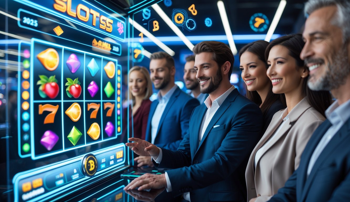 Orang-orang sedang menggunakan layar sentuh digital dengan permainan slot warna-warni di lingkungan kantor teknologi modern.