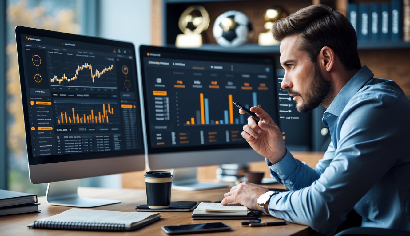 Seorang pria sedang menganalisis statistik olahraga di depan beberapa layar komputer di ruang kantor modern.