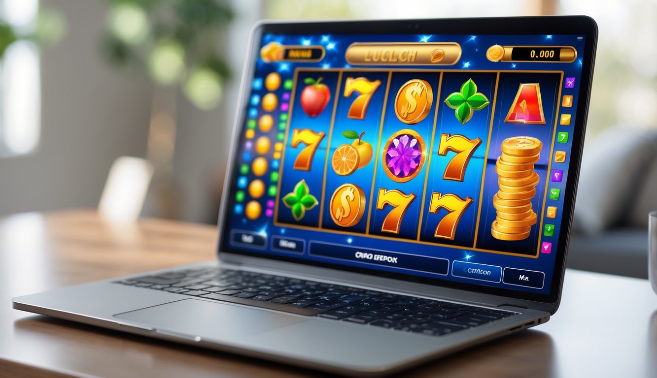 Layar laptop menampilkan permainan mesin slot online dengan simbol warna-warni di atas meja kayu di ruangan yang nyaman.