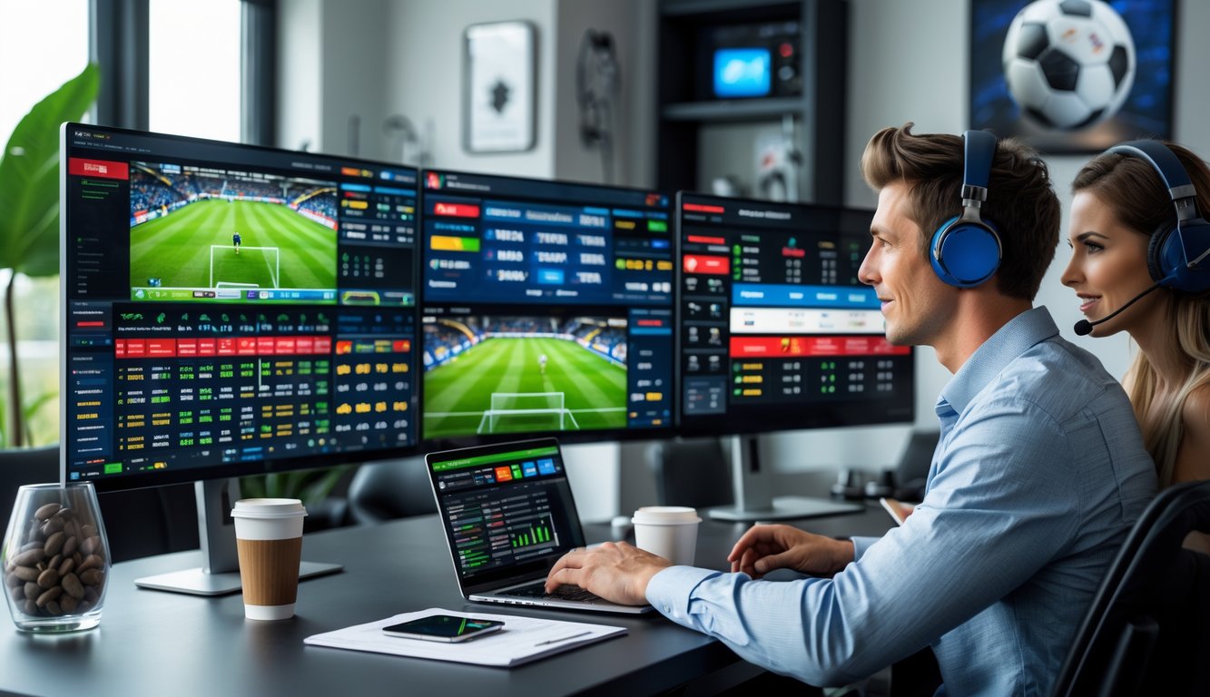 Dua orang muda duduk di meja dengan beberapa layar komputer menampilkan berbagai acara olahraga, fokus menggunakan perangkat untuk memasang taruhan olahraga online.