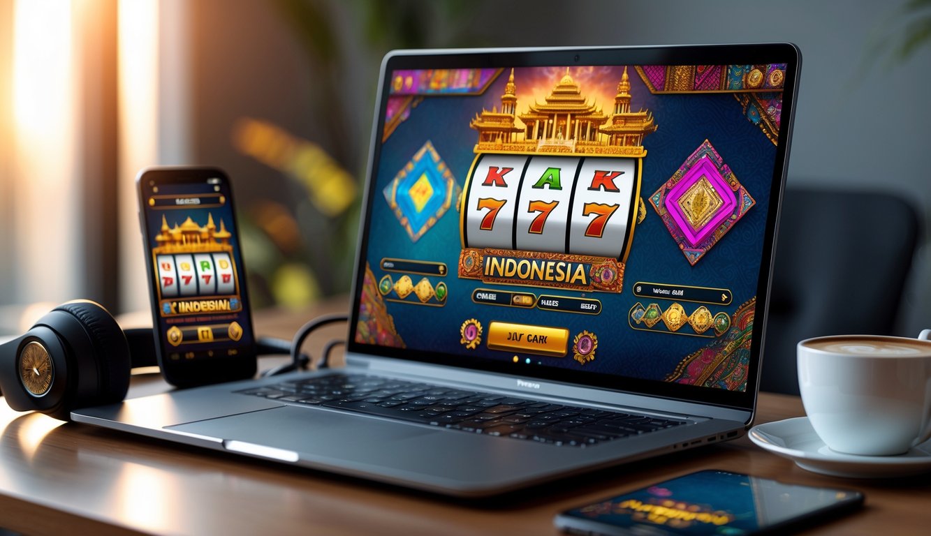 Seorang pengguna sedang bermain permainan slot online di laptop dengan latar belakang elemen budaya Indonesia dan perangkat teknologi di meja kayu.