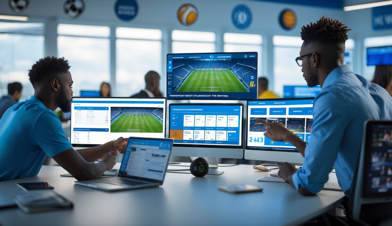 Orang-orang sedang melihat dan menganalisis pertandingan olahraga dan statistik di layar komputer.