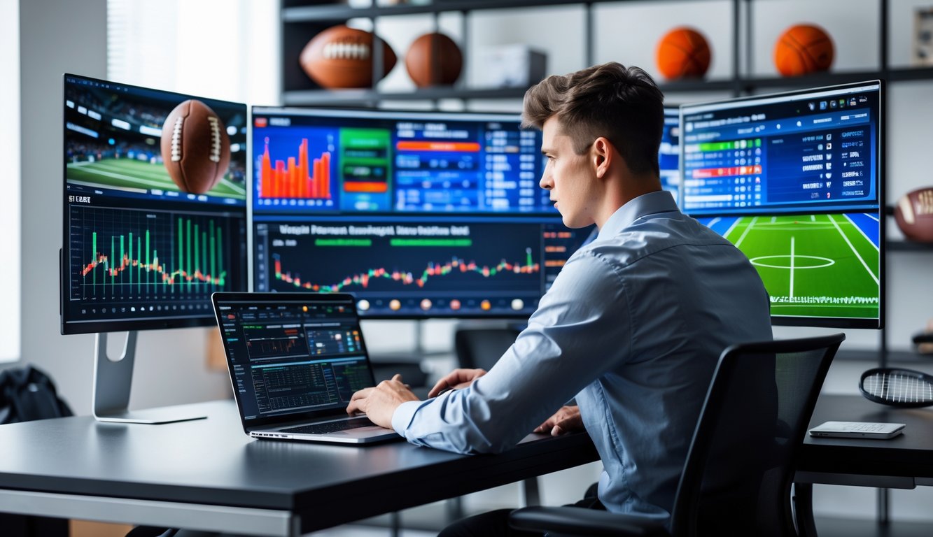 Seorang pria muda sedang fokus menganalisis data olahraga di depan beberapa layar komputer di sebuah kantor modern.