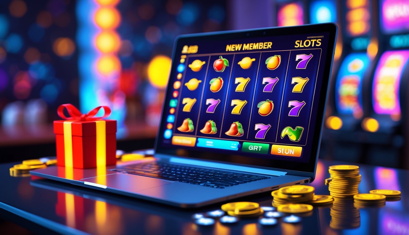 Layar komputer menampilkan permainan slot dengan simbol warna-warni dan koin di meja di sekitarnya.