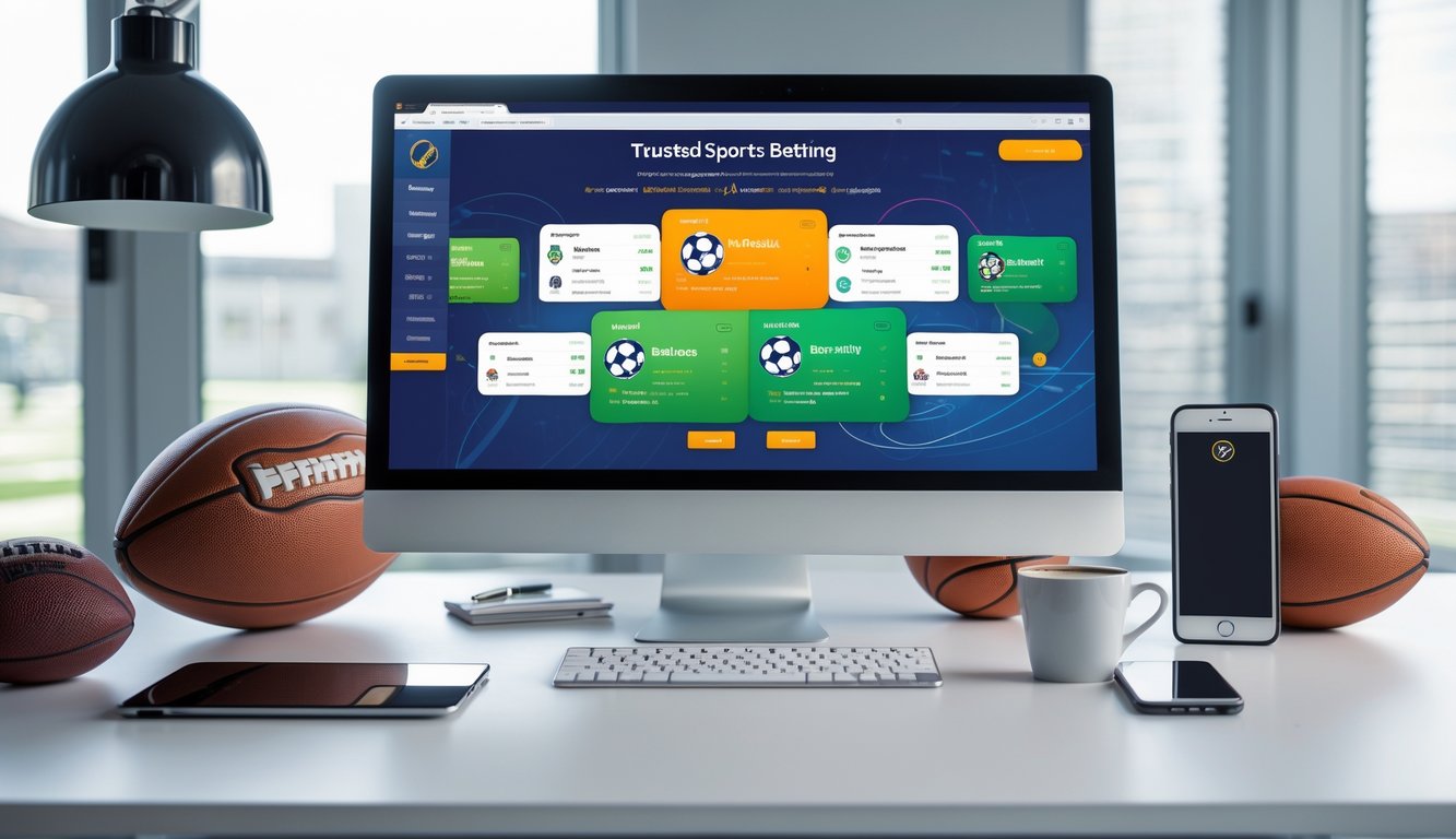 Sebuah meja kerja modern dengan layar komputer menampilkan berbagai liga olahraga populer dan jenis taruhan yang berbeda.