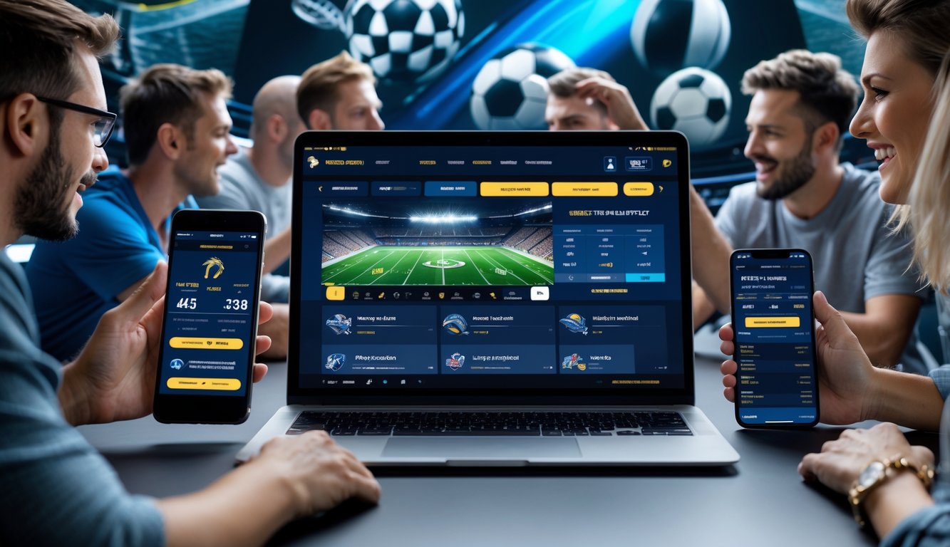 Sekelompok penggemar olahraga menggunakan berbagai perangkat digital untuk mengikuti dan bertaruh pada kompetisi olahraga secara online.