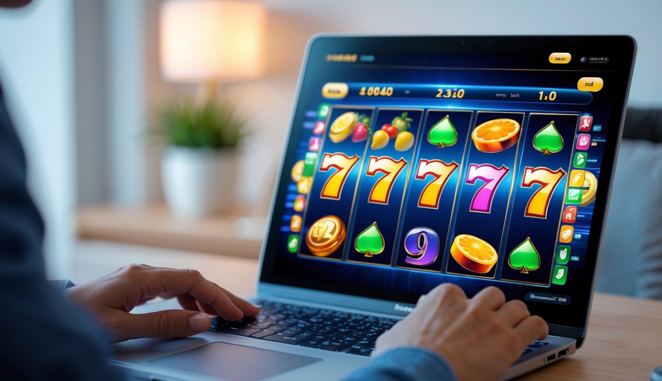 Seseorang sedang bermain mesin slot online di komputer dengan latar belakang ruangan yang nyaman.