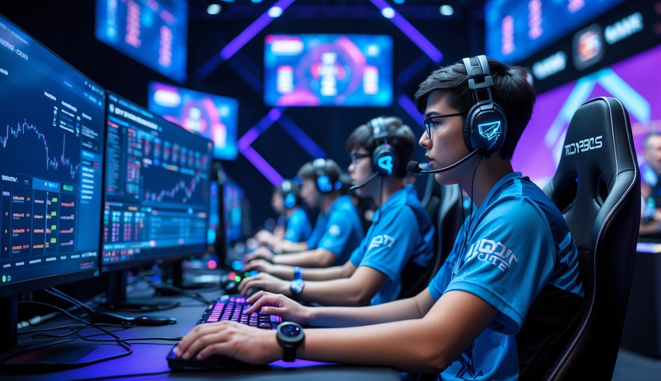 Sejumlah pemain e-sports sedang fokus bermain dalam suasana kompetitif dengan peralatan gaming modern dan pencahayaan warna-warni.