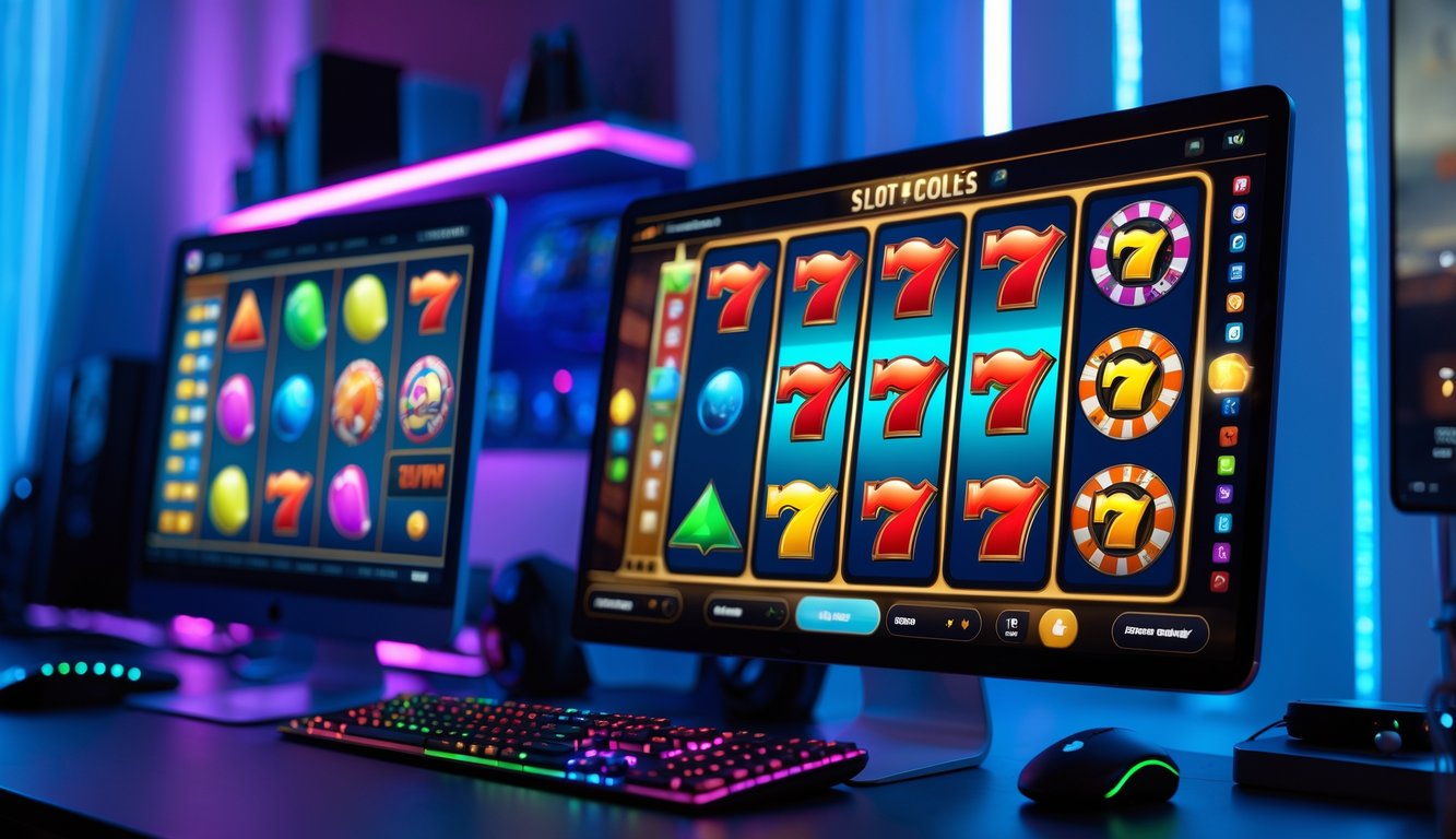 Sebuah meja kerja modern dengan komputer dan ponsel yang menampilkan permainan slot online berwarna-warni.
