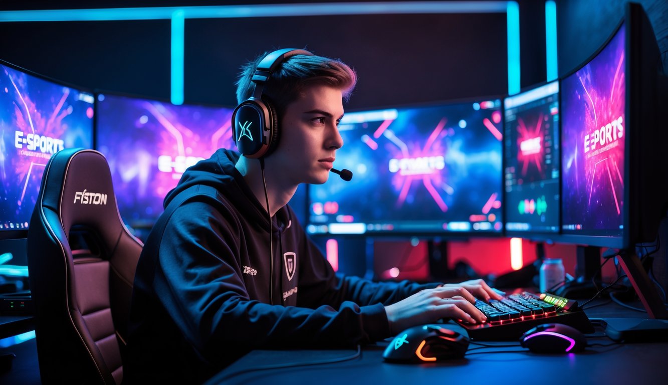 Seorang pemain muda fokus bermain game di depan komputer dengan perlengkapan gaming lengkap di ruangan dengan pencahayaan LED.