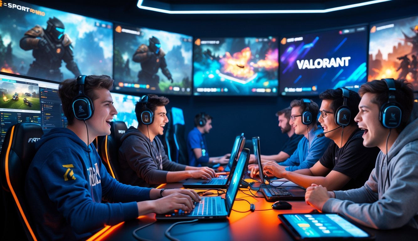Sekelompok orang muda bermain dan bertaruh game e-sports populer seperti Dota, Valorant, dan CS2 di sebuah ruang gaming modern.