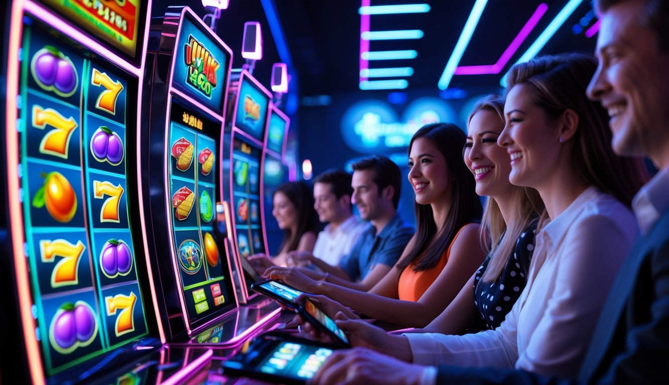 Orang-orang bermain mesin slot progresif secara online dengan antarmuka digital yang cerah dan modern.