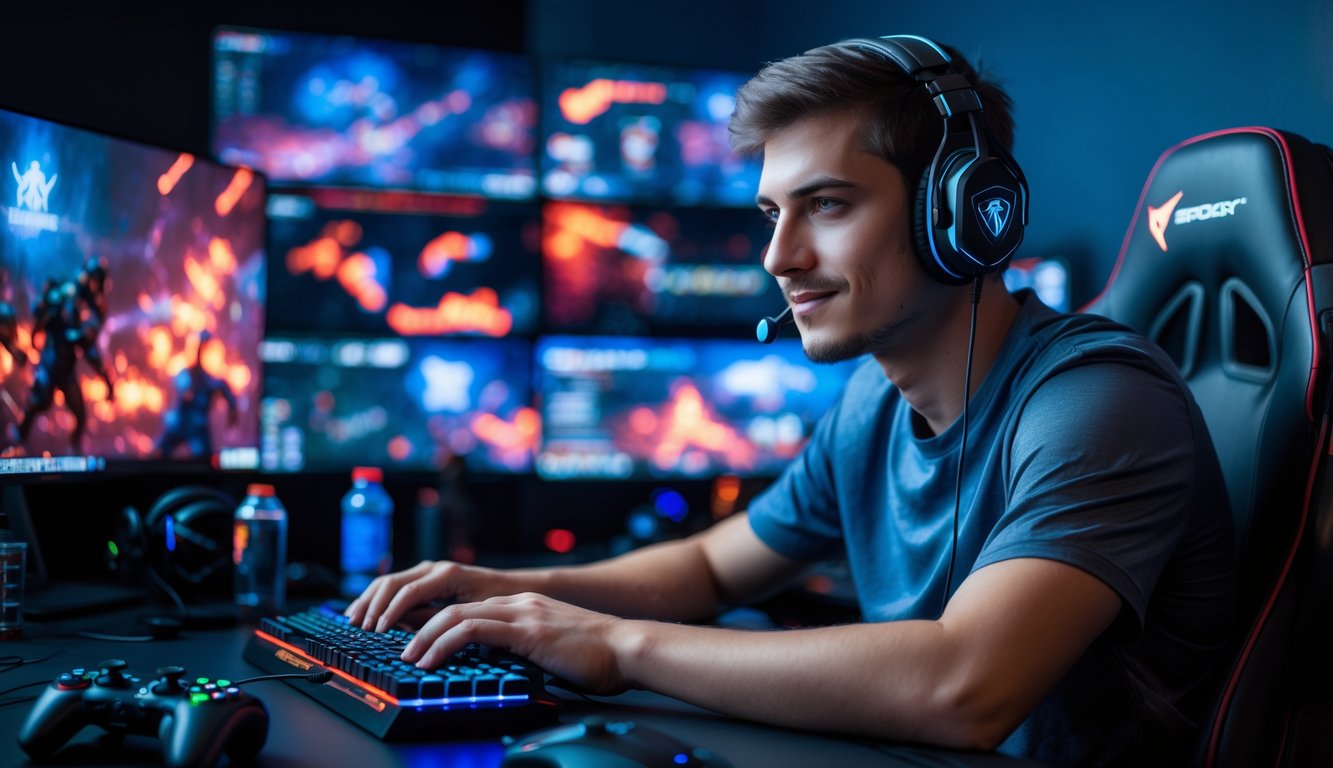 Seorang pemain e-sports muda yang fokus duduk di depan komputer dengan beberapa layar menampilkan permainan e-sports, mengenakan headset dan menggunakan keyboard serta mouse gaming.