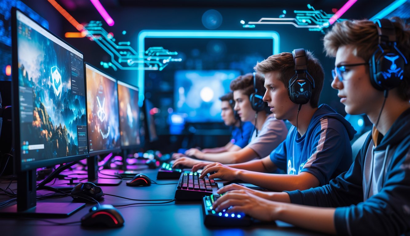 Sekelompok pemain muda sedang bermain e-sports di ruang gaming modern dengan layar komputer dan lampu LED warna-warni.