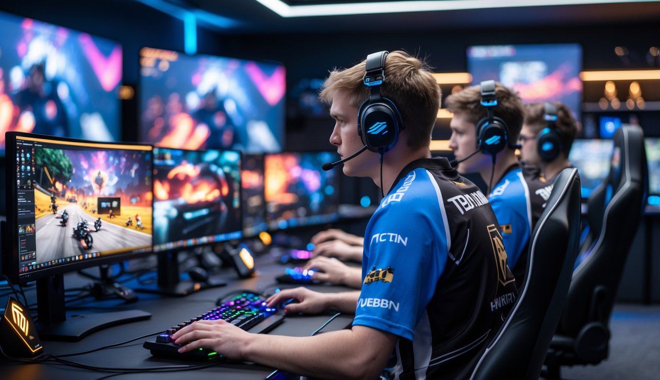 Sejumlah gamer profesional sedang bermain e-sports secara intens di ruang gaming modern dengan peralatan canggih dan pencahayaan LED.