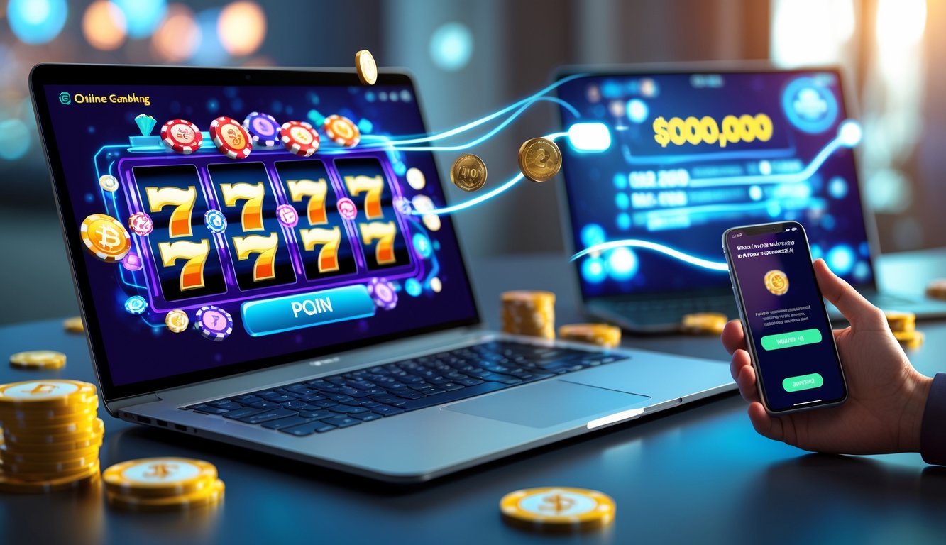 Seorang pengguna sedang bermain slot online dengan laptop dan ponsel yang menunjukkan konfirmasi pembayaran cepat.