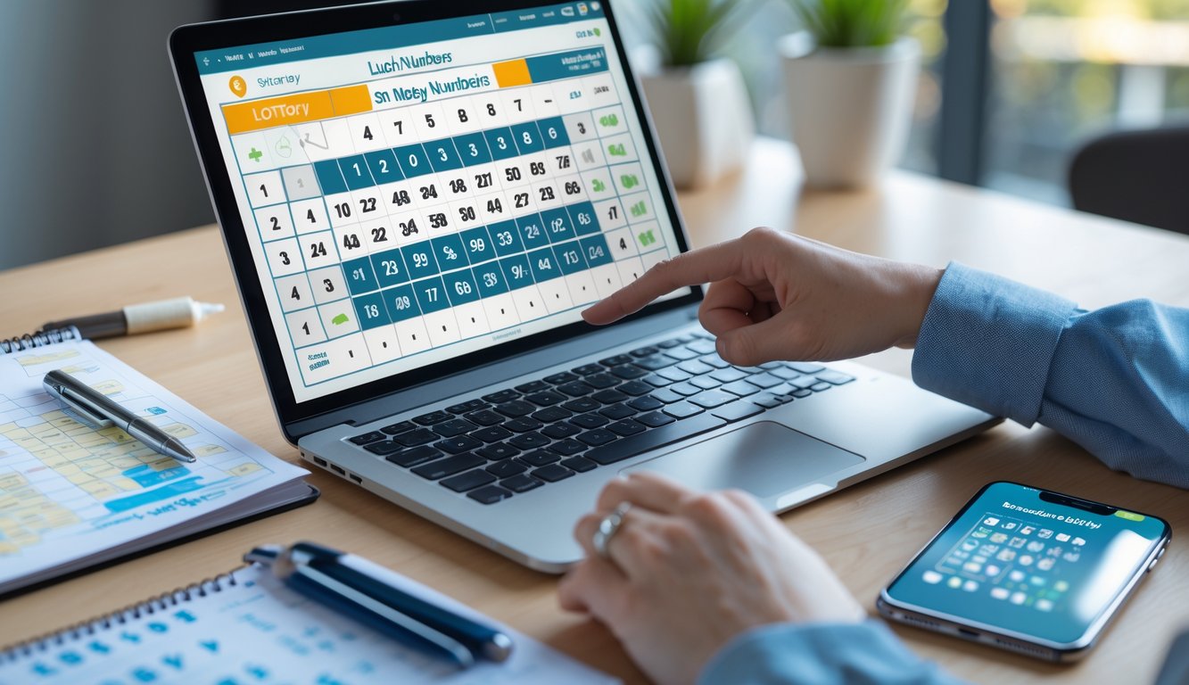 Meja kerja dengan laptop yang menampilkan angka lotere digital, tangan seseorang sedang menunjuk layar, dan alat tulis di sekitarnya.