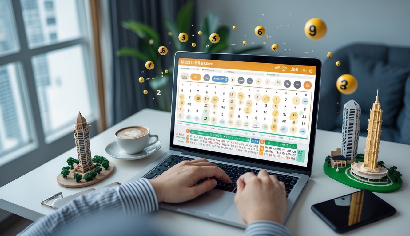 Seseorang sedang menggunakan laptop di meja kerja dengan miniatur menara Macau dan Marina Bay Sands di sekitarnya, menampilkan suasana bermain togel online di pasar populer.