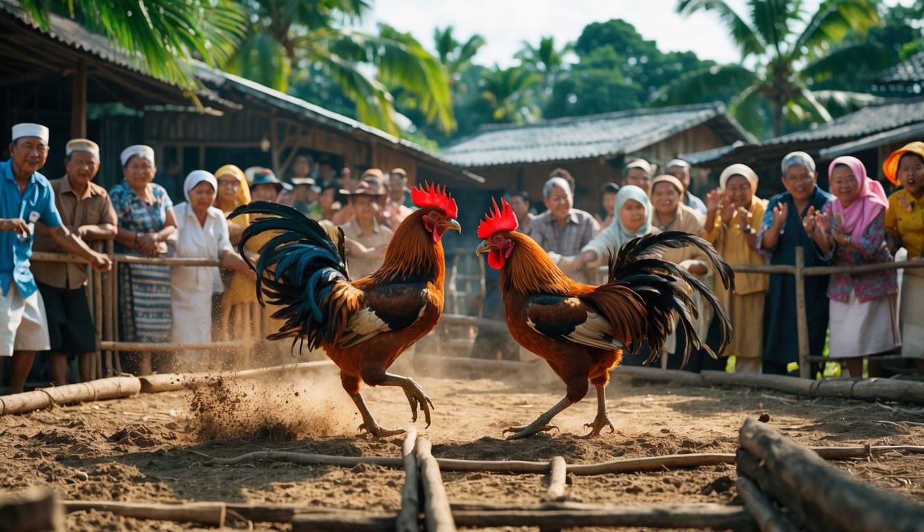 Dua ayam jago sedang bertarung di tengah kerumunan orang yang menonton di desa dengan latar belakang pepohonan hijau dan rumah tradisional.