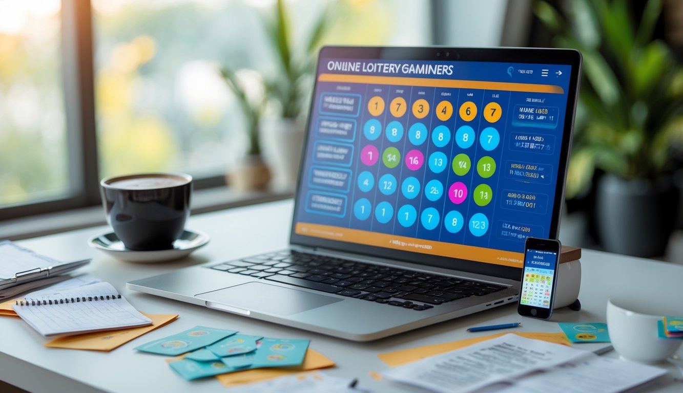 Meja kerja dengan laptop yang menampilkan tampilan pemilihan angka togel online, dikelilingi catatan dan cangkir kopi.