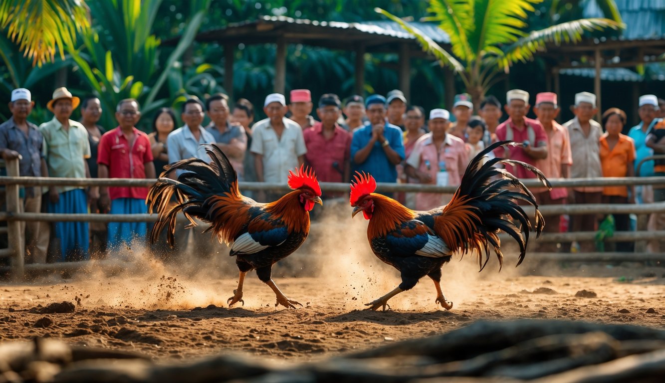 Dua ayam jago sedang bertarung di arena terbuka dengan penonton di sekitarnya di pedesaan Indonesia.