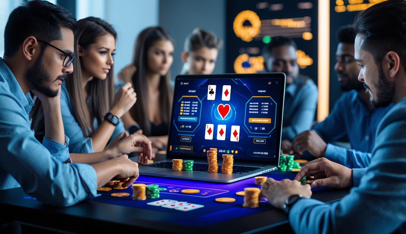Beberapa orang sedang bermain poker online di depan komputer dengan kartu dan chip poker di layar.