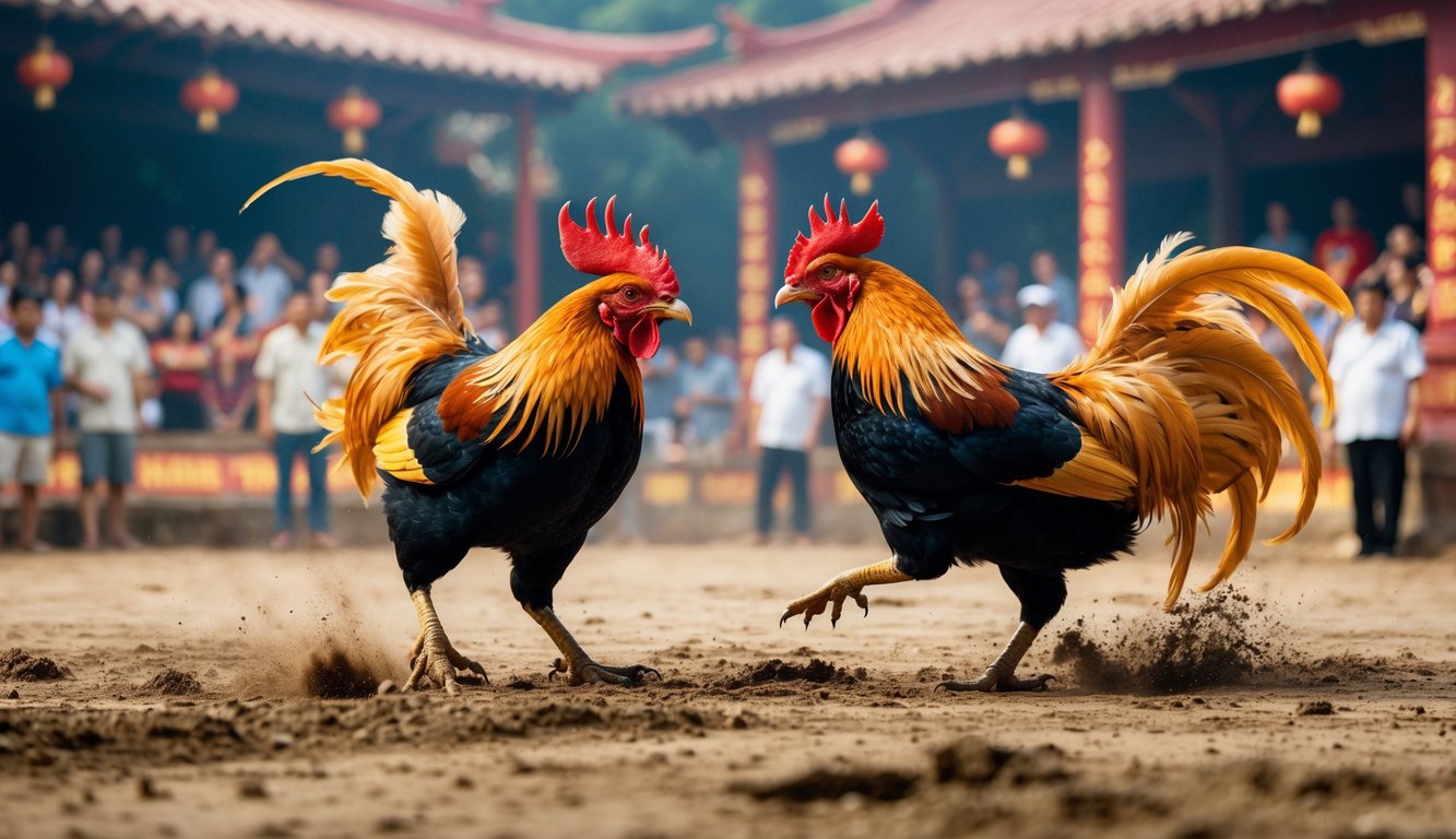 Dua ayam jago sedang bertarung di arena sabung ayam dengan penonton yang memperhatikan di latar belakang.