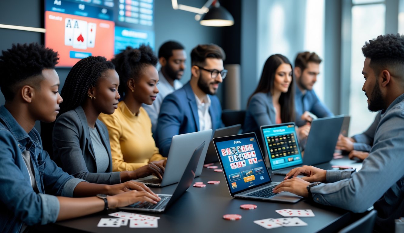 Sekelompok orang bermain poker online menggunakan laptop dan tablet di ruangan modern.