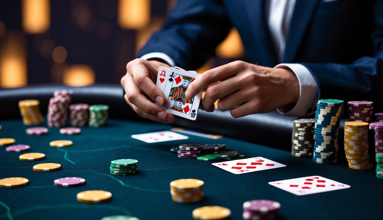 Meja poker dengan tumpukan chip warna-warni dan tangan pemain yang memegang kartu di suasana kasino yang mewah.