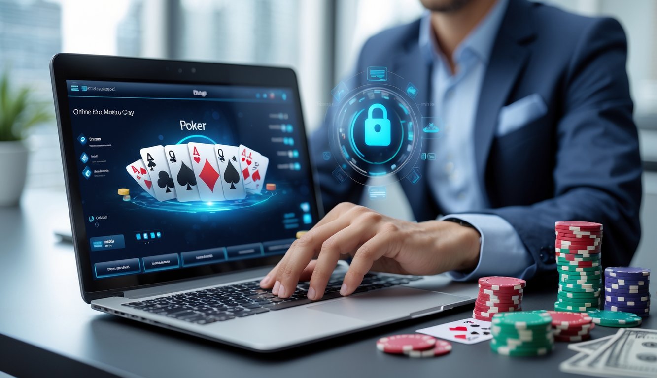 Seorang pria sedang menggunakan laptop dengan tampilan permainan poker online di meja kerja yang rapi, terdapat tumpukan chip poker dan kartu bermain di sampingnya.