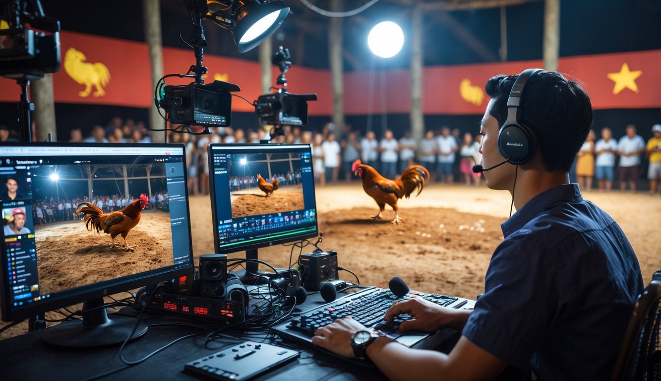 Seorang pria muda mengoperasikan peralatan streaming langsung untuk pertandingan sabung ayam dengan dua ayam bertarung di arena dan penonton di latar belakang.