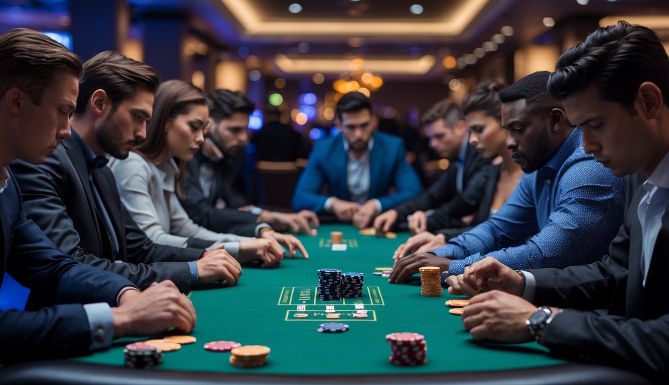 Meja poker dengan pemain yang fokus dan serius sedang bermain kartu di sebuah kasino modern.