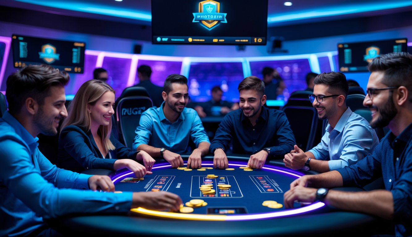 Sekelompok pemain poker profesional sedang bermain di meja digital dalam ruangan permainan modern dengan pencahayaan biru dan ungu.