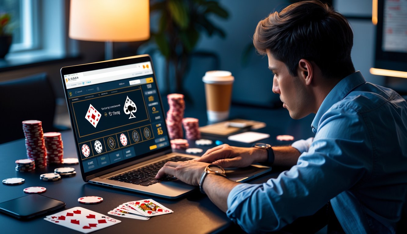 Seorang dewasa muda fokus bermain poker online di depan laptop dengan tumpukan chip poker dan kartu di meja.