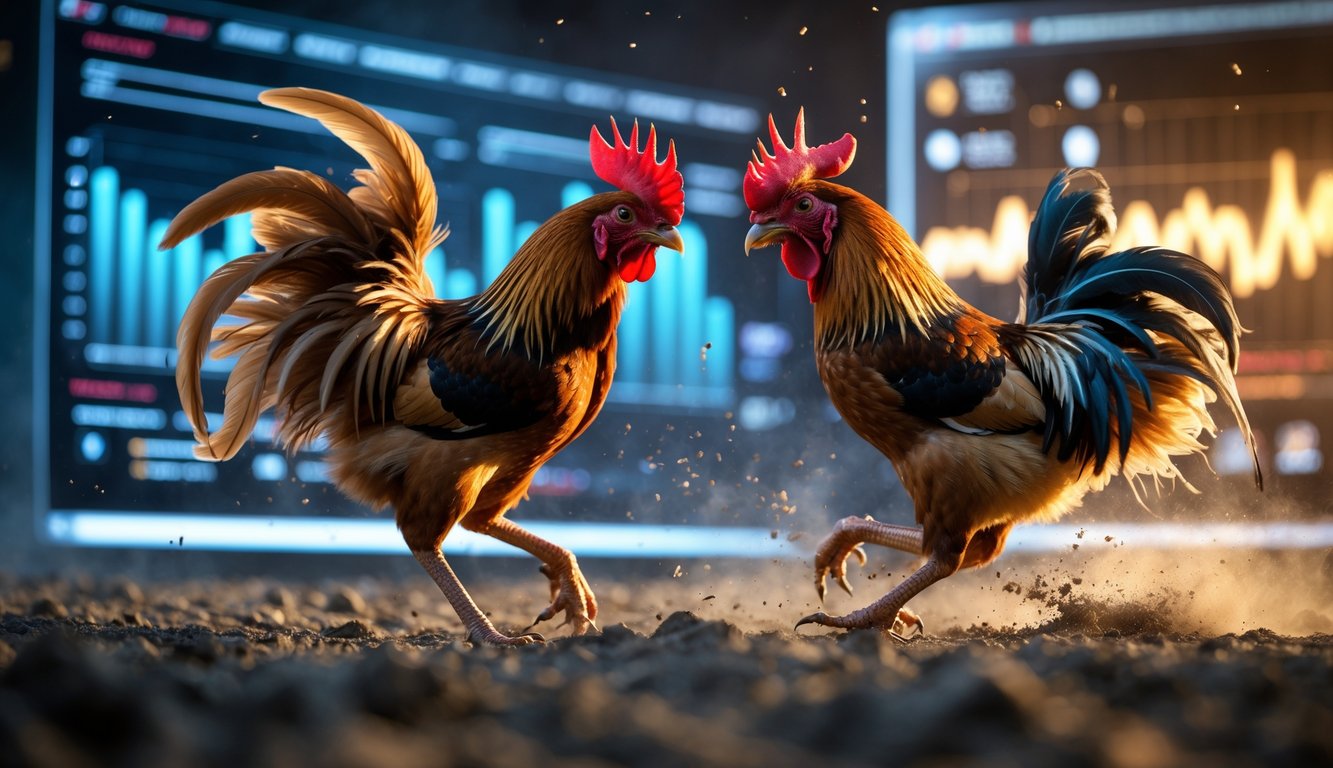 Dua ayam jago sedang bertarung sengit dengan latar belakang antarmuka digital yang modern.