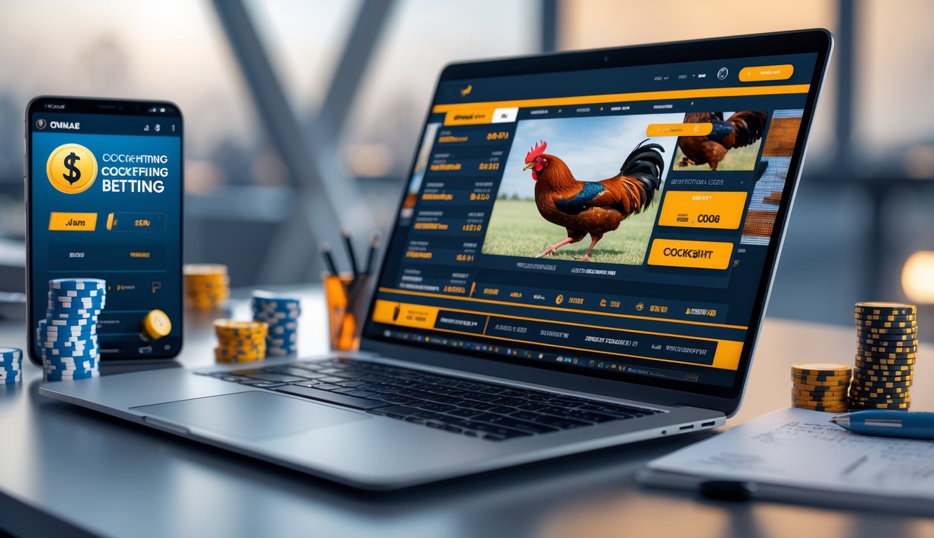 Seorang pengguna di depan laptop dengan layar yang menampilkan situs taruhan sabung ayam online, dikelilingi oleh chip taruhan digital dan ponsel yang menyiarkan pertandingan sabung ayam secara langsung.