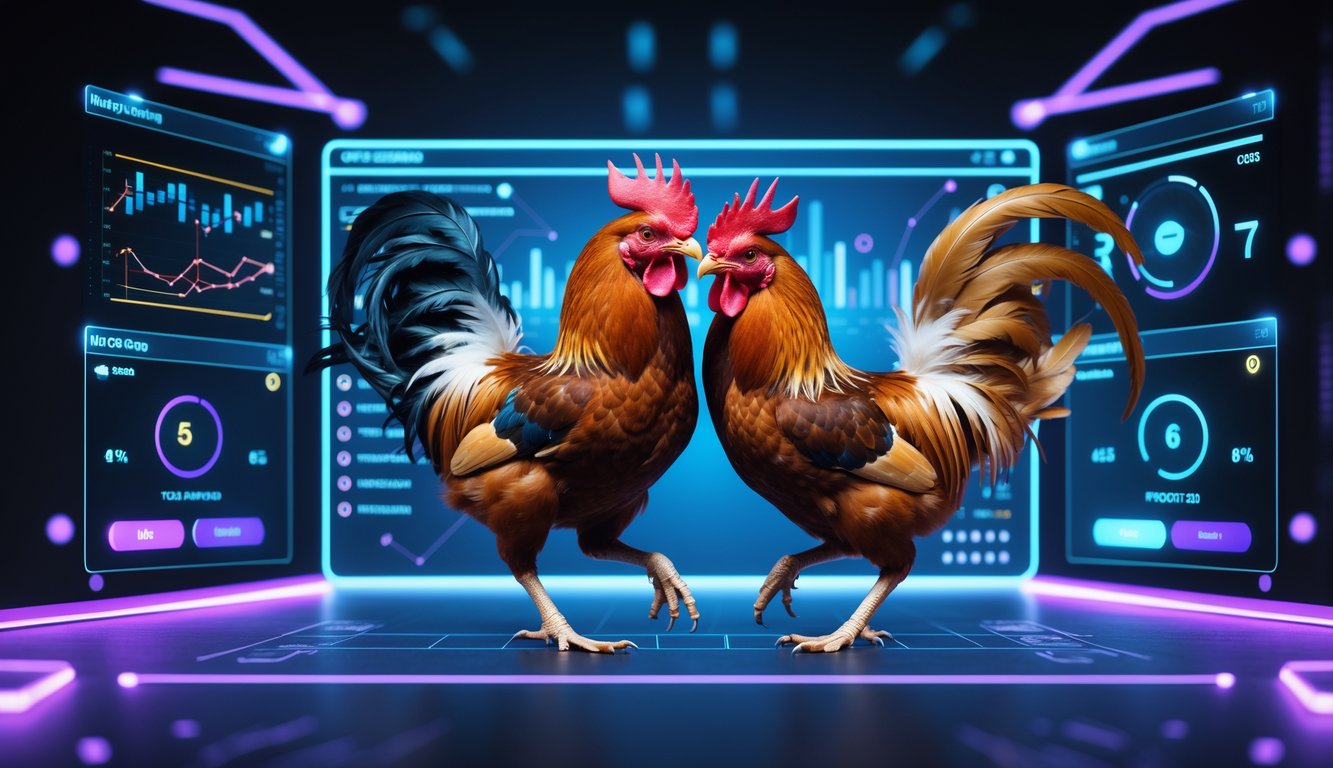 Dua ayam jago sedang bertarung di tengah suasana digital modern dengan elemen antarmuka holografik di sekitarnya.