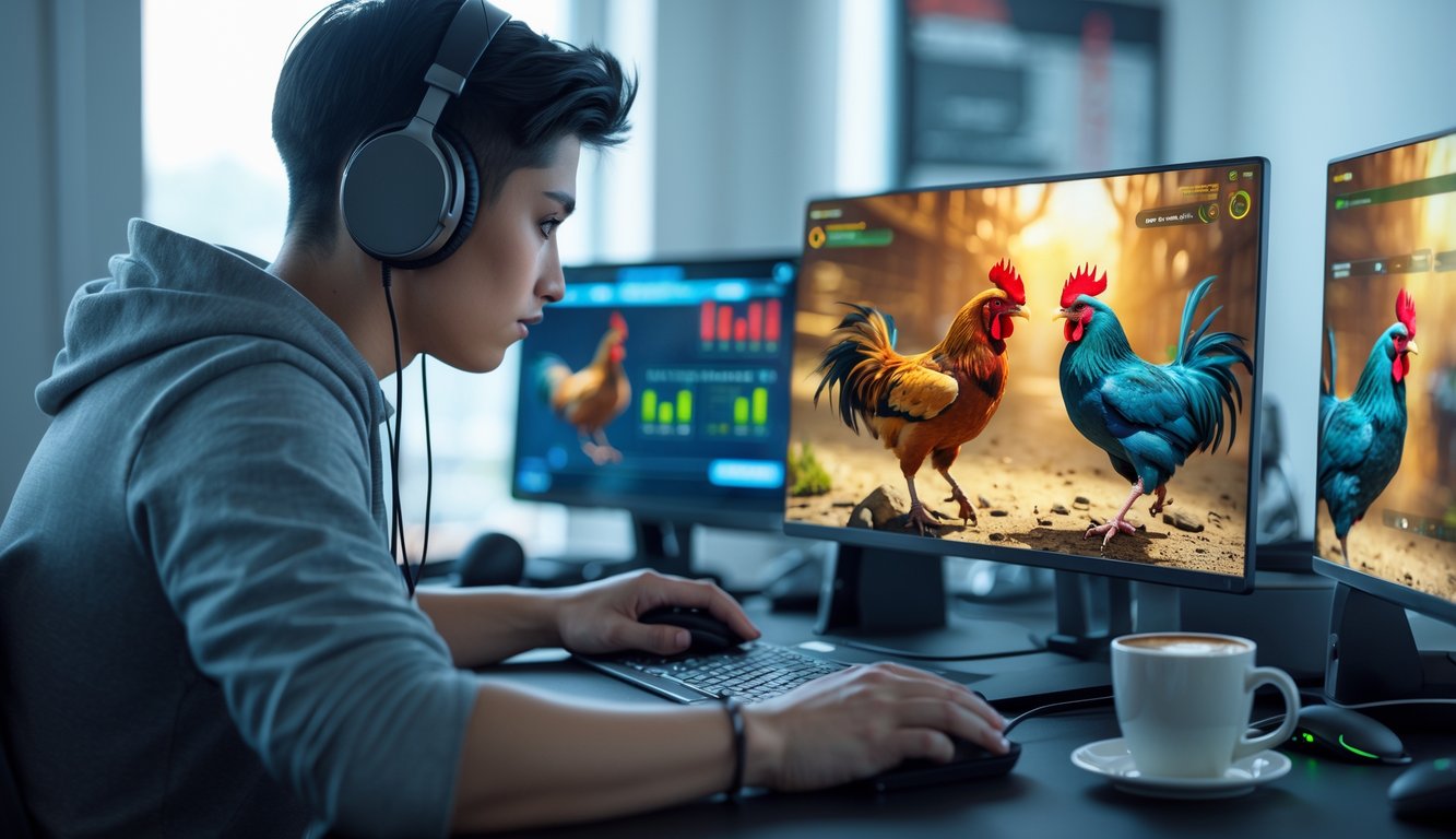 Seorang pemain serius yang fokus pada layar laptop dengan animasi sabung ayam online di meja kerja yang rapi.