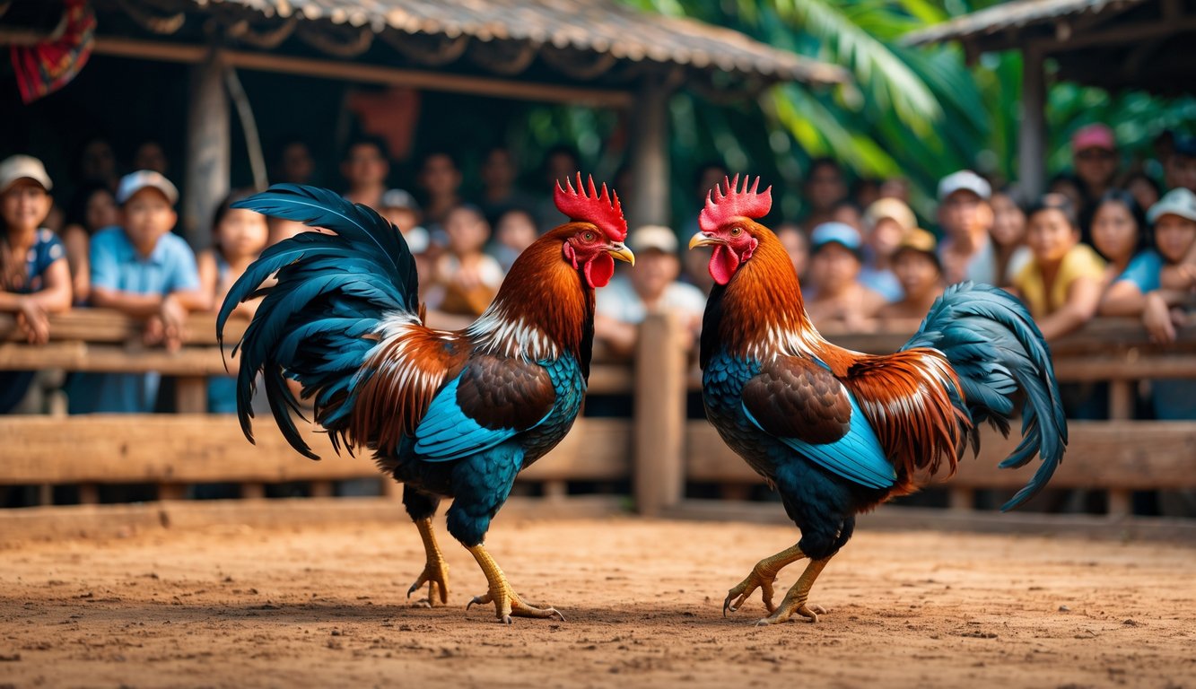 Pertarungan dua ayam jago di arena dengan penonton di latar belakang.