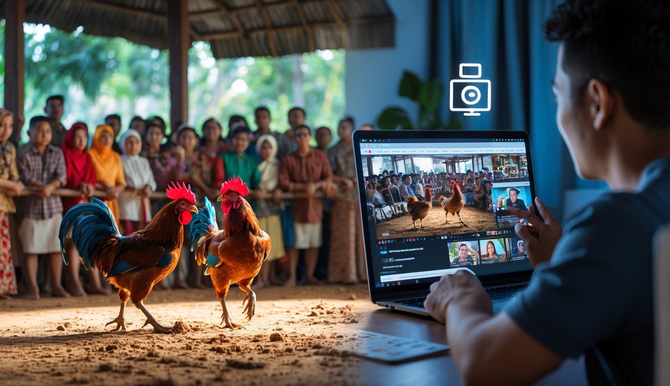 Adegan dua ayam bertarung di arena tradisional dengan penonton, dan seseorang menonton pertarungan tersebut secara online di perangkat digital di ruang tamu modern.
