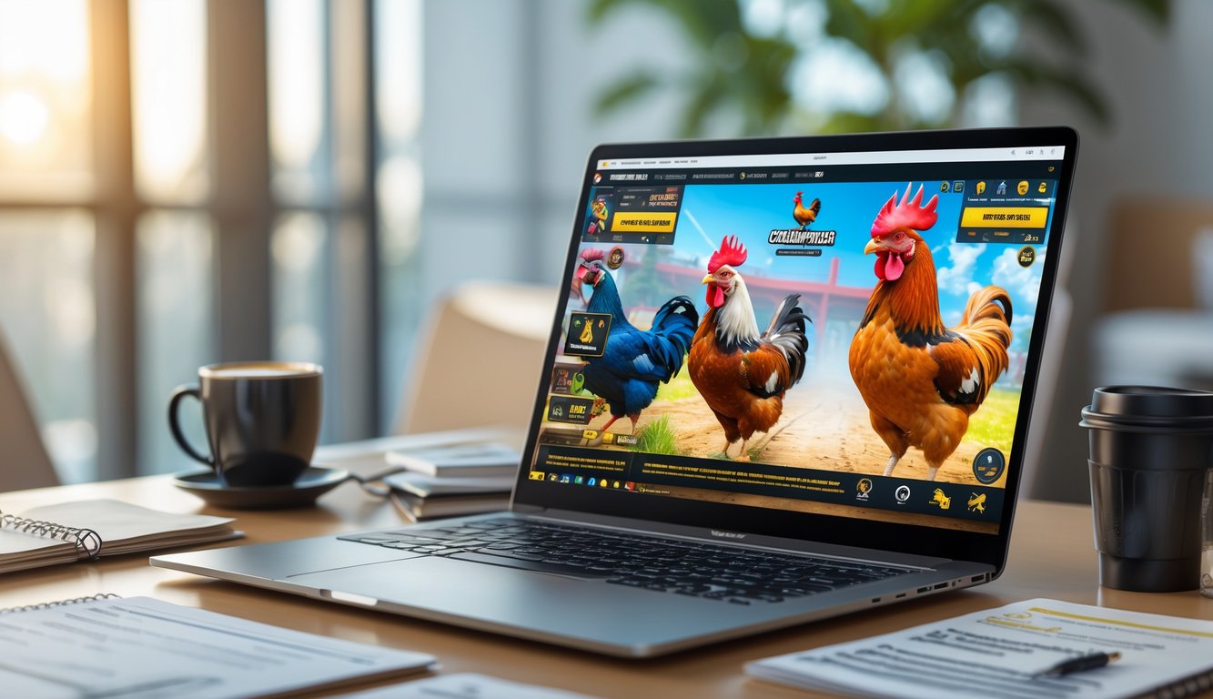 Seorang pria duduk di depan laptop di meja kerja dengan catatan dan kopi, menyiapkan strategi bermain sabung ayam online.