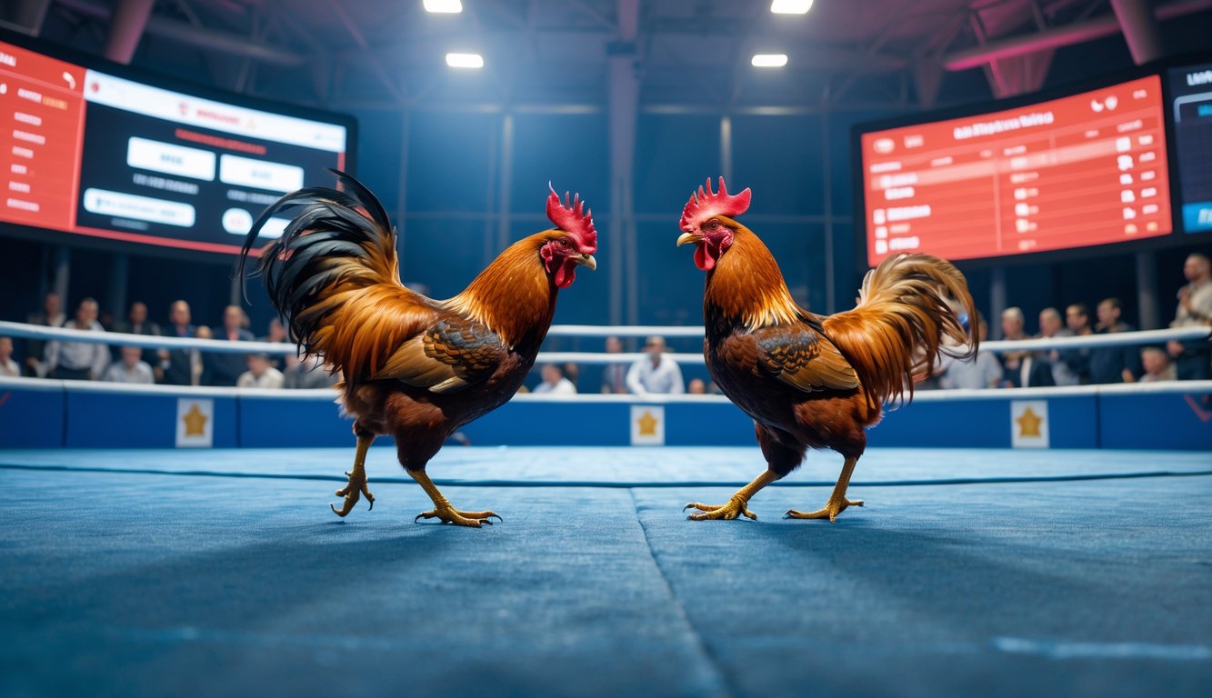 Dua ayam jago bertarung di arena dalam ruangan dengan penonton yang antusias dan layar digital taruhan di latar belakang.