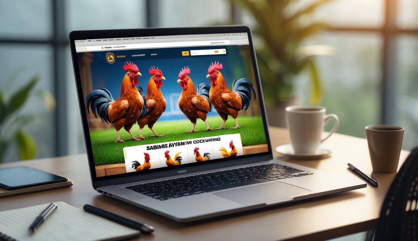 Seorang pengguna duduk di depan laptop yang menampilkan situs sabung ayam online dengan gambar dua ayam jago yang sedang bertarung, di meja terdapat ponsel, cangkir kopi, dan buku catatan.