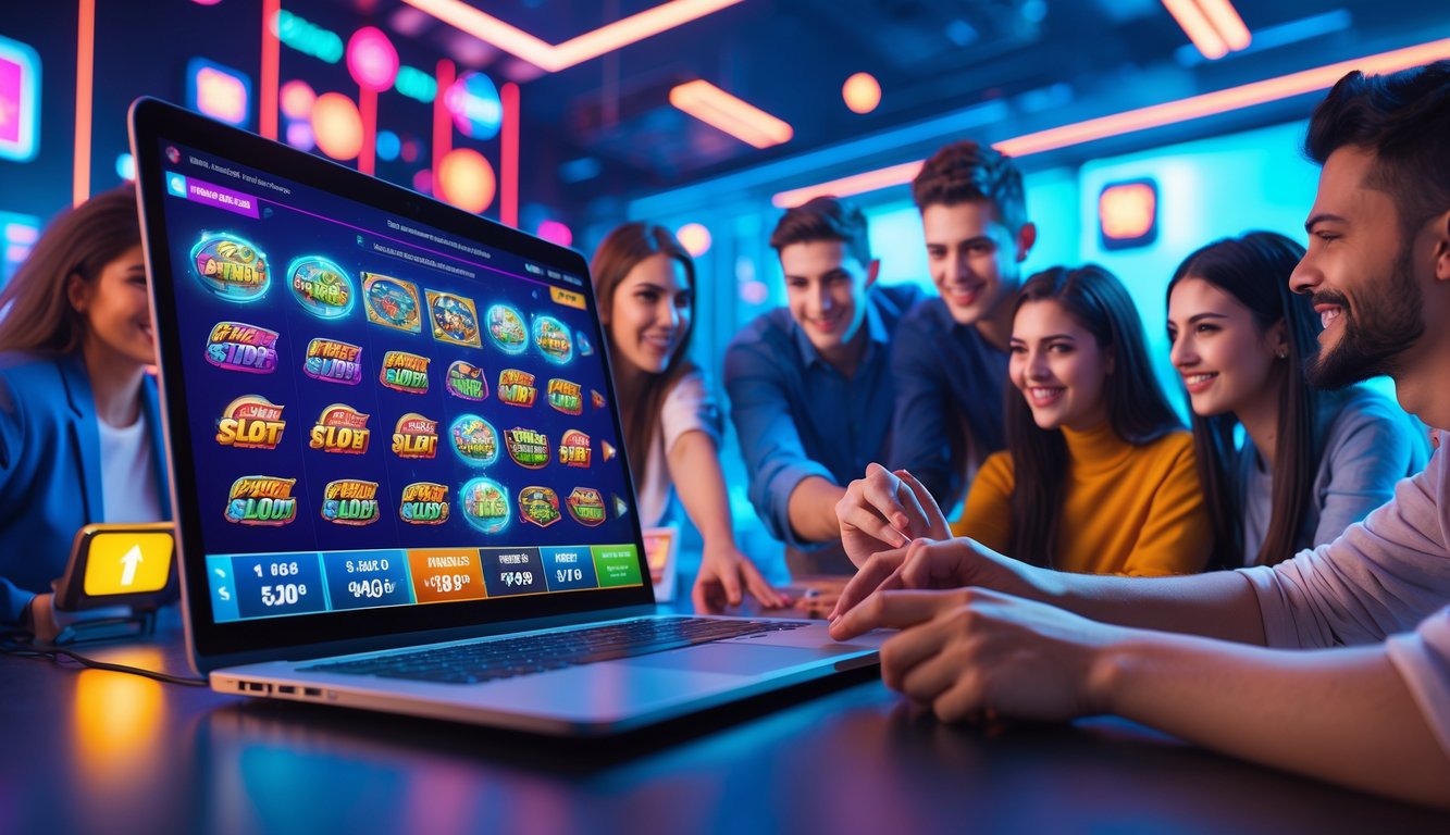 Beberapa orang muda menggunakan laptop yang menampilkan platform permainan slot online dengan berbagai ikon permainan warna-warni di ruangan modern.