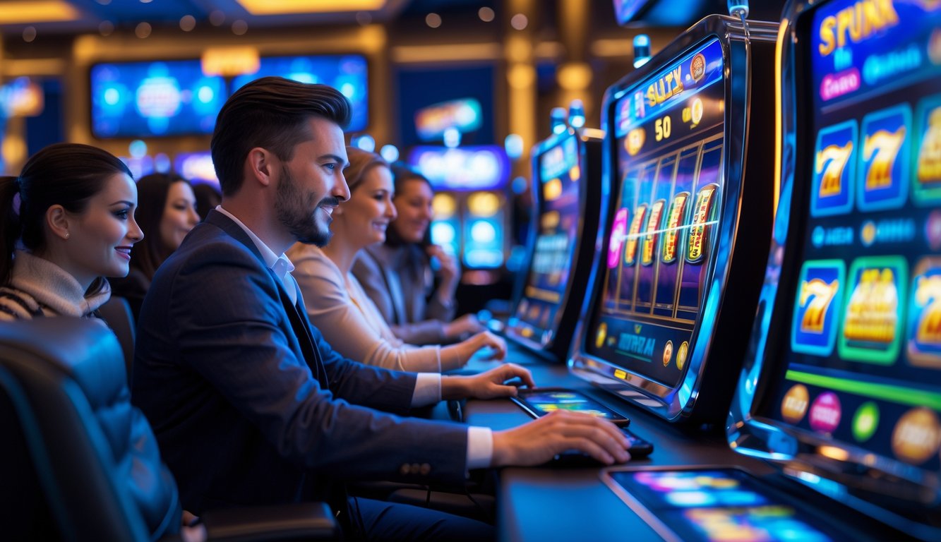 Beberapa orang bermain mesin slot online di sebuah ruang permainan modern dengan komputer dan tablet.