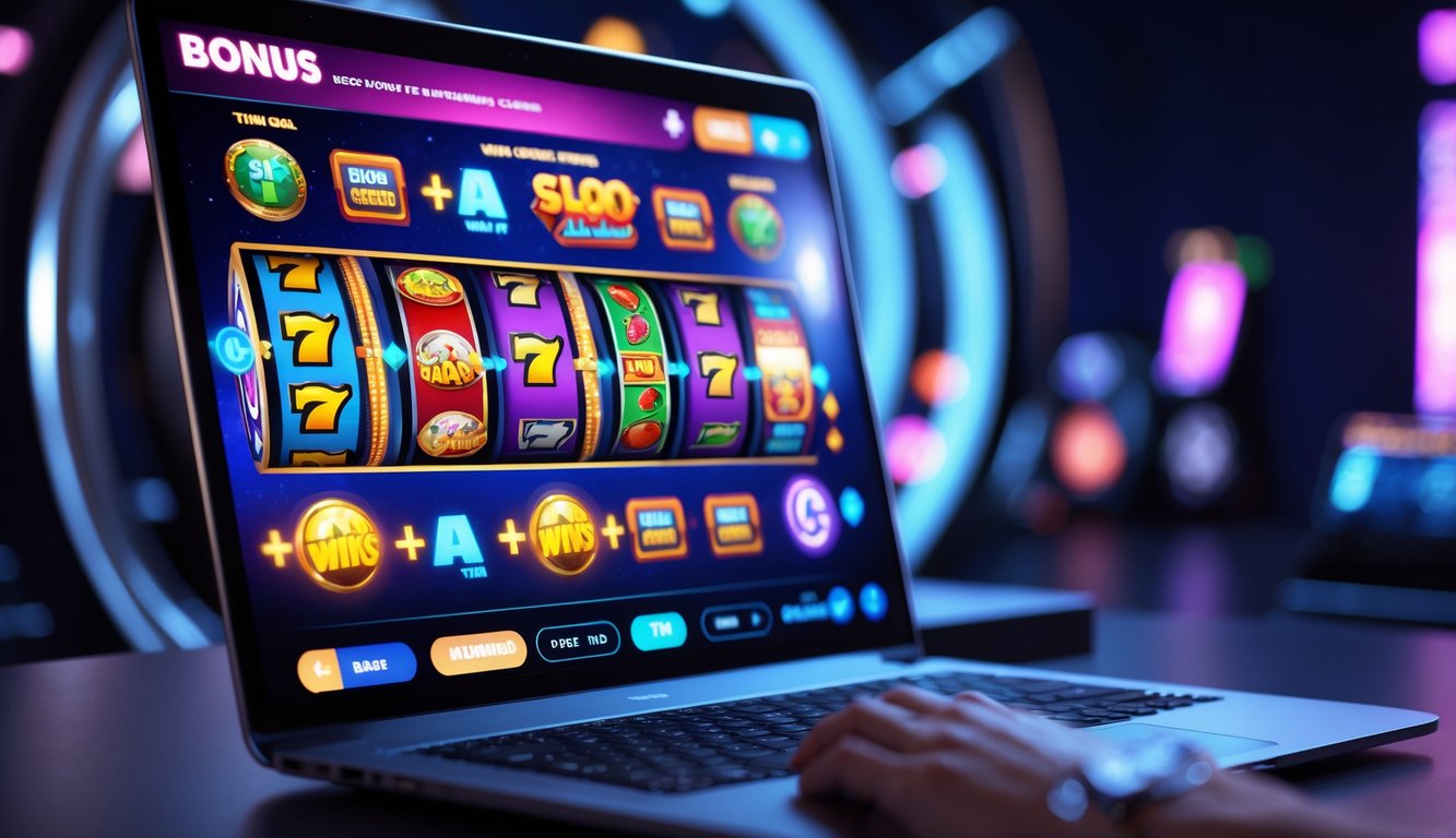 Layar komputer menampilkan permainan slot online dengan grafik warna-warni dan fitur bonus yang menarik.