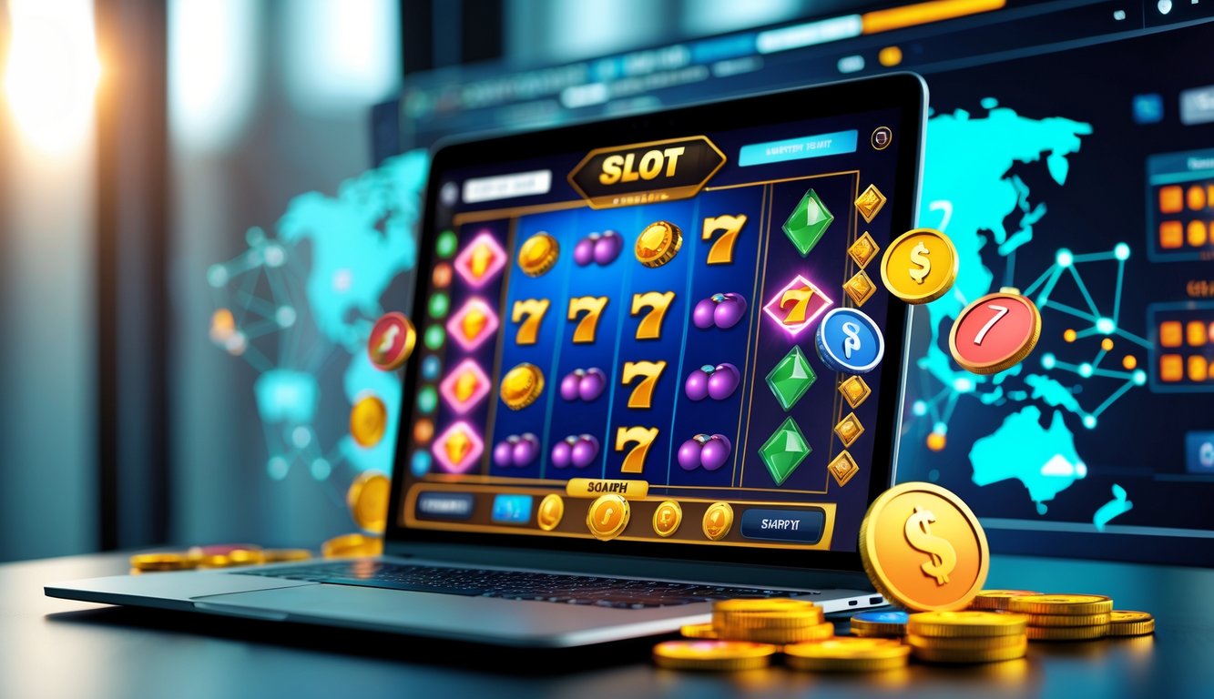 Seorang pengguna duduk di depan laptop dengan tampilan permainan slot online yang berwarna-warni, dikelilingi oleh simbol-simbol permainan slot dan latar belakang peta dunia yang samar.