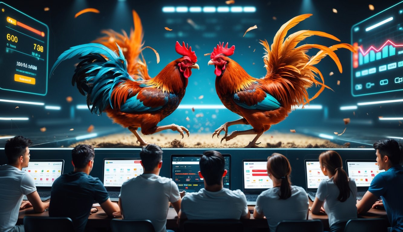 Dua ayam jago sedang bertarung di depan layar komputer dengan beberapa orang menonton dan menggunakan perangkat elektronik.